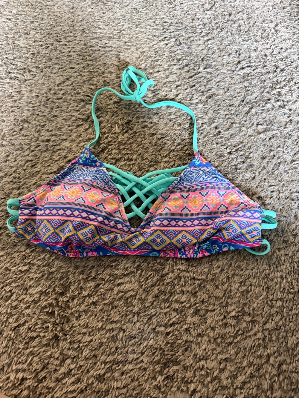 Malibu Multicolor Aztec Bikini Top with Teal Straps